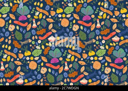 Restes de nourriture, déchets sans couture. Conception textile zéro gaspillage Illustration de Vecteur