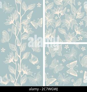 motif fleuri sans couture avec papillons sur fond bleu Illustration de Vecteur