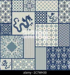 Carreaux de mosaïque sans couture aux motifs victoriens. Carrelage en poterie de majolica, azulejo bleu et beige, décor traditionnel portugais et espagnol original. Vecteur Illustration de Vecteur