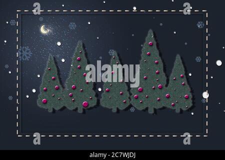 Joyeux Noël et joyeux nouvel an. Carte horizontale avec arbres de Noël en bleu vert, couleurs. Illustration 3D Banque D'Images