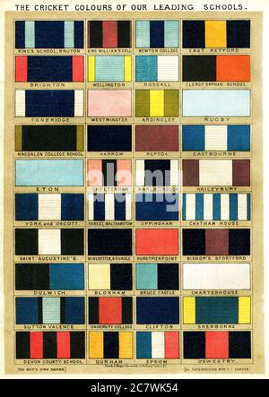 Graphique illustrant les couleurs de cricket de nos écoles de premier plan, publié dans le livre “Boy’s Own Paper” au cours des années 1880 Banque D'Images