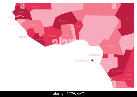 Pays de Guinée Golfe - Afrique de l'Ouest. Carte politique simplifiée et schématique. Illustration vectorielle dans des tons de rose. Illustration de Vecteur