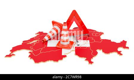 Carte suisse avec cônes de signalisation et triangle d'avertissement, rendu 3D isolé sur fond blanc Banque D'Images