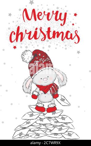 Lièvre debout sur une pile de lettres. Illustration vectorielle pour carte de vœux, poster ou impression sur des vêtements. Joli lapin dans un chapeau et des bottes. Illustration de Vecteur