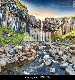 Vue imprenable sur la cascade de Svartifoss avec colonnes de basalte sur le sud de l'Islande. Emplacement Parc national de Skaftafell, glacier Vatnajokull, Islande, Europe. Banque D'Images