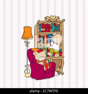 Des ours mignons dans une chambre confortable avec un fauteuil, une bibliothèque et une lampe de sol. Illustration vectorielle. Illustration de Vecteur