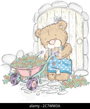 Mignon Ours et chariot avec des semis. Illustration vectorielle pour une carte ou une affiche. Ours dans le jardin. Illustration de Vecteur