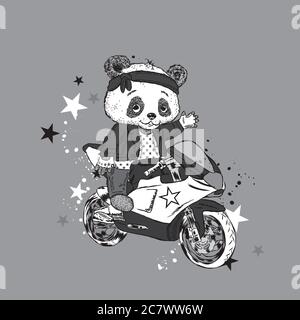 Panda mignon sur une moto. Panda - cycliste. Ours drôle. Illustration vectorielle pour une carte ou une affiche. Imprimer sur des vêtements. Illustration de Vecteur