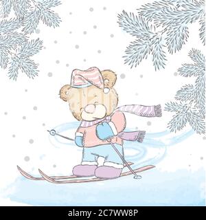 Adorable ours ski. Illustration vectorielle pour une carte ou une affiche. Imprimer sur des vêtements. Nouvel an et Noël. Ours mignon en vacances d'hiver. Illustration de Vecteur