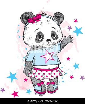 Joli Panda sur patins à roulettes. Jolie fille en jupe. Illustration vectorielle pour une carte ou une affiche. Imprimer sur des vêtements. Enfance. Mode et style. Illustration de Vecteur
