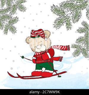 Adorable ours ski. Illustration vectorielle pour une carte ou une affiche. Imprimer sur des vêtements. Nouvel an et Noël. Ours mignon en vacances d'hiver. Illustration de Vecteur