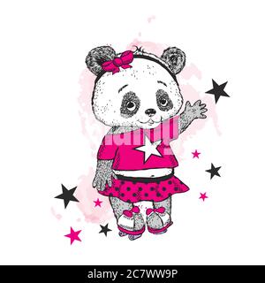 Joli Panda sur patins à roulettes. Jolie fille en jupe. Illustration vectorielle pour une carte ou une affiche. Imprimer sur des vêtements. Enfance. Mode et style. Illustration de Vecteur