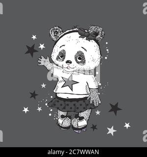 Joli Panda sur patins à roulettes. Jolie fille en jupe. Illustration vectorielle pour une carte ou une affiche. Imprimer sur des vêtements. Enfance. Mode et style. Illustration de Vecteur