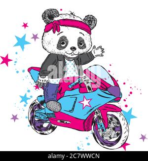 Panda mignon sur une moto. Panda - cycliste. Ours drôle. Illustration vectorielle pour une carte ou une affiche. Imprimer sur des vêtements. Illustration de Vecteur