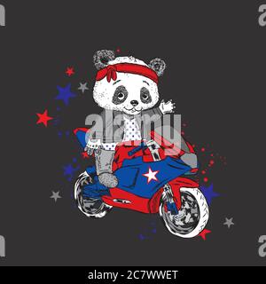 Panda mignon sur une moto. Panda - cycliste. Ours drôle. Illustration vectorielle pour une carte ou une affiche. Imprimer sur des vêtements. Illustration de Vecteur