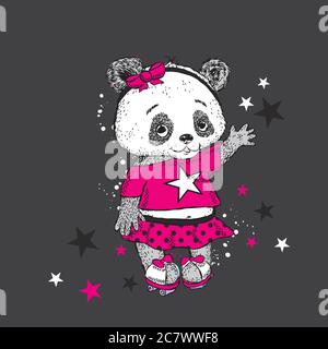 Joli Panda sur patins à roulettes. Jolie fille en jupe. Illustration vectorielle pour une carte ou une affiche. Imprimer sur des vêtements. Enfance. Mode et style. Illustration de Vecteur