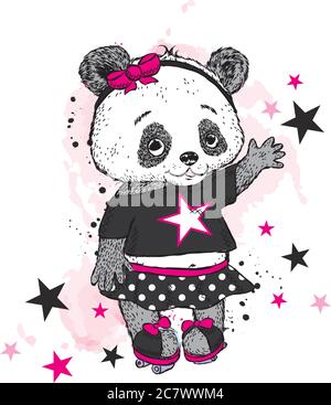 Joli Panda sur patins à roulettes. Jolie fille en jupe. Illustration vectorielle pour une carte ou une affiche. Imprimer sur des vêtements. Enfance. Mode et style. Illustration de Vecteur