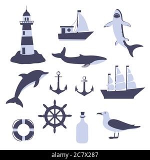 Grand ensemble d'éléments de silhouette de mer, isolés sur fond blanc. Navires, phare, baleine, ancre. Illustration de Vecteur