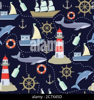 Motif sans couture avec éléments de mer mignons . Illustration vectorielle. Illustration de Vecteur