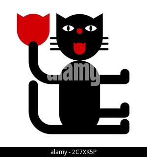 Chat avec tulipe. Motif vectoriel de style géométrique, ludique et humoristique sur un arrière-plan isolé. Illustration de Vecteur