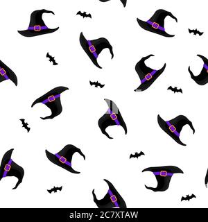 Motif Halloween sans coutures avec casquette et chauve-souris. Chapeau de sorcière et sorcière noir avec ceinture. Illustration vectorielle de style plat. Illustration de Vecteur