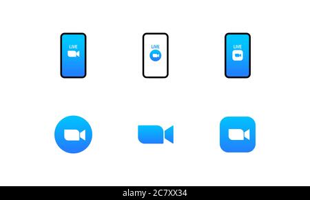 Icône bleue de l'appareil photo définie. Conférences téléphoniques vidéo. Application de diffusion multimédia en direct. Logo Zoom. Vecteur sur fond blanc isolé. SPE 10. Illustration de Vecteur