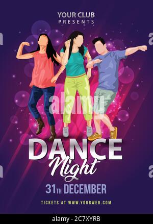 Dansez la nuit Party Flyer avec un groupe de personnes dansant sur fond coloré brillant. Modèle d'illustration de l'affiche de célébration vectorielle pour la salle de bal Illustration de Vecteur