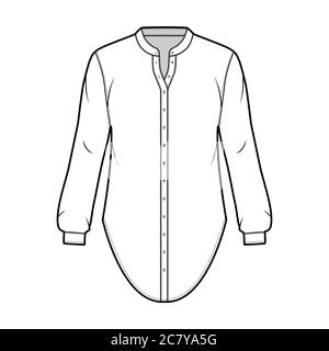 Chemise de mode technique avec col de support en mandarin incurvé et manches longues avec poignets. Modèle de chemisier sans pinces, blanc. Maquette CAD haut de gamme pour femmes, hommes et unisexe Illustration de Vecteur