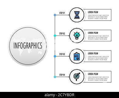 Cercles infographiques avec 4 étapes, icônes. Modèle vectoriel à ligne plate. Peut être utilisé pour quatre entreprises, le Web, la bannière, la disposition du flux de travail, l'organigramme, les informations Illustration de Vecteur