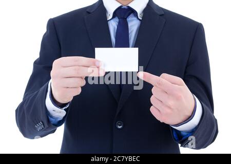 carte de visite vierge dans la main d'un homme d'affaires isolée sur fond blanc Banque D'Images