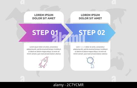 Flèches d'infographies vectorielles avec 2 étapes successives, étiquettes. Deux éléments rectangulaires colorés. Peut être utilisé pour le diagramme, l'entreprise, le Web, la bannière Illustration de Vecteur