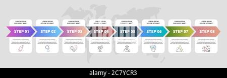 Flèches d'infographies vectorielles avec 8 étapes successives, étiquettes. Peut être utilisé pour les diagrammes, les activités, la présentation des flux de travail, les présentations, les organigrammes, les graphiques d'information Illustration de Vecteur