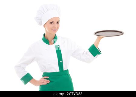 jeune femme de chef en uniforme tenant un grand plateau vide isolé sur fond blanc Banque D'Images