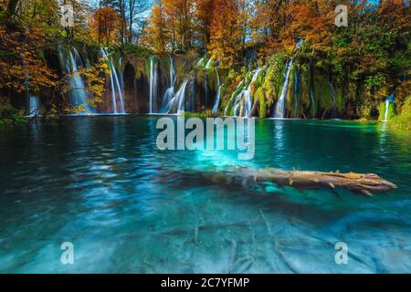 Un endroit fabuleux avec des arbres à feuilles caduques colorés et des cascades époustouflantes dans la forêt à l'automne. Grande destination de randonnée avec lacs pittoresques et larmoiement Banque D'Images