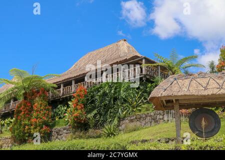 Bâtiment en bois avec toit en roseaux sec dans un secteur avec terrasses de riz et champs de Jatiluwih. Végétation tropicale avec plantes. Terrasses de riz de Jatiluwih Banque D'Images