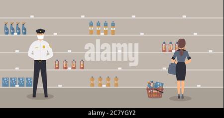 Le magasin de produits chimiques domestiques est ouvert pendant l'épidémie de virus. Un agent de sécurité dans un masque médical de protection et le client sélectionne des produits pour la désinfection Illustration de Vecteur