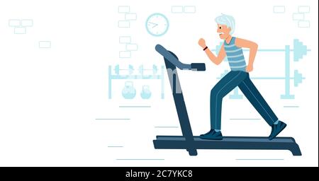Old Man qui court sur un tapis roulant motorisé. Grand-père sportif sur machine d'entraînement, personnage de dessin animé. Outil de gym. Illustration vectorielle en stylet plat moderne Illustration de Vecteur