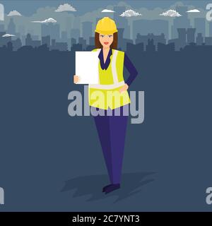 Femme en casque de construction tenant le papier blanc dans sa main. Vide espace de copie vide. Illustration vectorielle de couleur unie et plate. Illustration de Vecteur