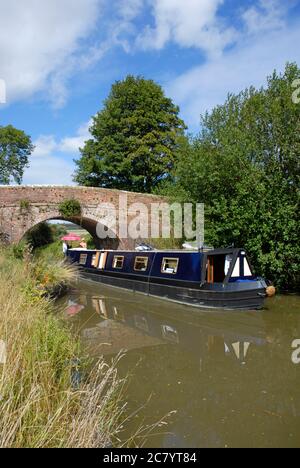 Deux personnes sur un bateau étroit passant sous le pont sur le canal Kennet & Avon, Wiltshire, Angleterre. Banque D'Images