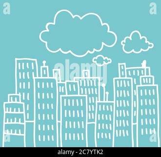 Doodle simple d'une grande ville avec des nuages au-dessus Banque D'Images