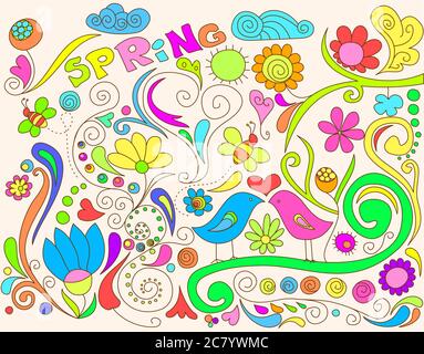 Printemps coloré doodle avec oiseaux et fleurs. Banque D'Images