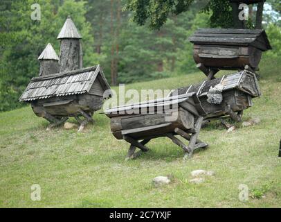 Musée lituanien de l'apiculture ancienne dans le village de Stripeikiai, parc national d'Aukstaitija Banque D'Images