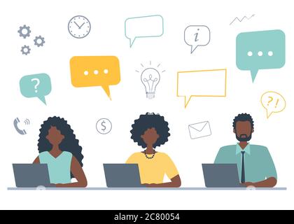 Les employés de bureau travaillent sur des ordinateurs portables. Concept d'entreprise avec icônes. Les jeunes hommes noirs et les femmes noires sont assis à la table sur un fond blanc Illustration de Vecteur