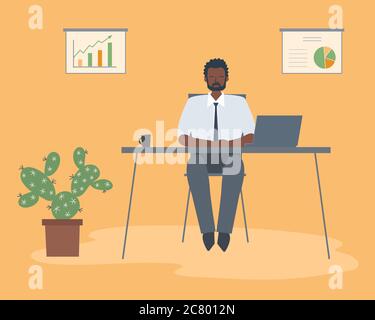 Employé de bureau sur le lieu de travail. Un jeune homme noir est assis au bureau dans la salle de bureau jaune. Il y a un ordinateur portable, une tasse, des diagrammes et un cactus ici Illustration de Vecteur