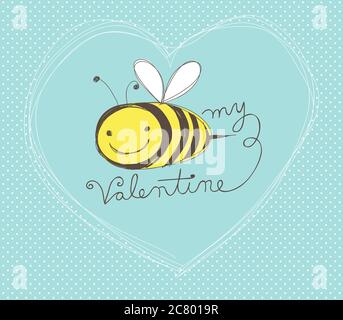 Mignon à la main Carte de Saint-Valentin avec cartoon bee Banque D'Images
