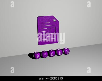 Représentation 3D des fichiers avec icône sur le mur et texte disposé par des lettres métalliques cubes sur un sol miroir pour la signification du concept et la présentation du diaporama. Illustration et affaires Banque D'Images