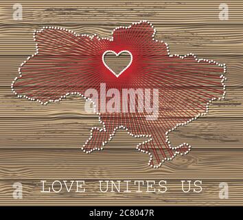 Carte vectorielle d'art de l'Ukraine avec cœur. Ficelle d'art, fil et broches sur texture de planches en bois. L'amour nous unit. Message d'amour. Carte d'art de l'Ukraine Illustration de Vecteur