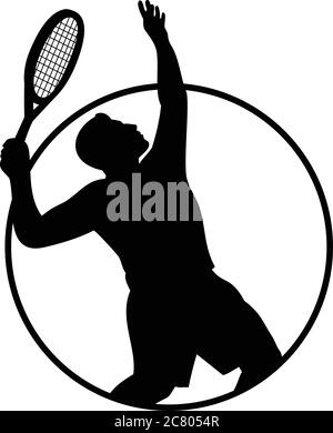 Illustration noir et blanc de style rétro d'une silhouette de joueur de tennis masculin avec raquette ou raquette en service, vue du côté à l'intérieur du cercle Illustration de Vecteur