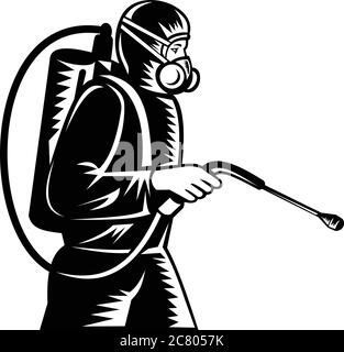 Illustration noire et blanche de l'exterminateur de lutte antiparasitaire, vue latérale de pulvérisation sur fond isolé, réalisée dans un style rétro-boisé. Illustration de Vecteur