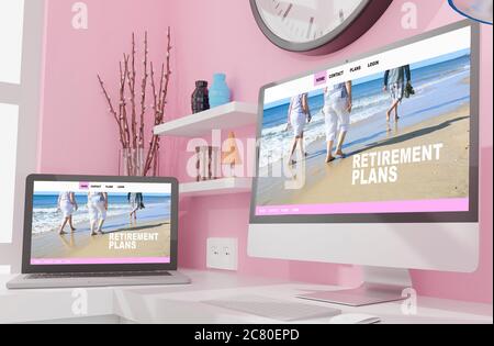 Espace de travail à la maison avec un ordinateur de bureau rendu 3d mockup.3d illustration. Concept de retraite Banque D'Images